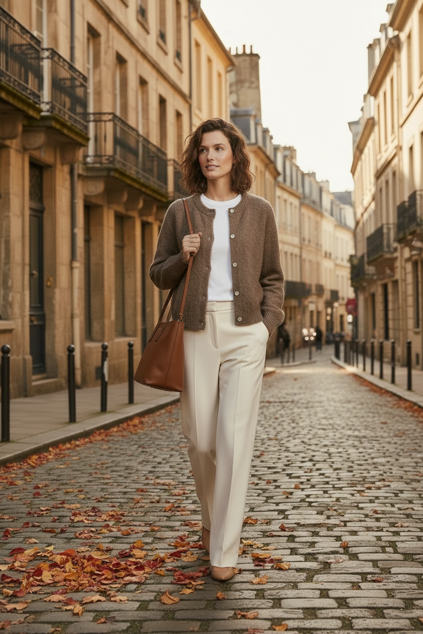 A woman stands on a cobblestone street lined with historic buildings, wearing a brown knit cardigan over a white top and cream wide-leg trousers, while holding a brown tote bag.