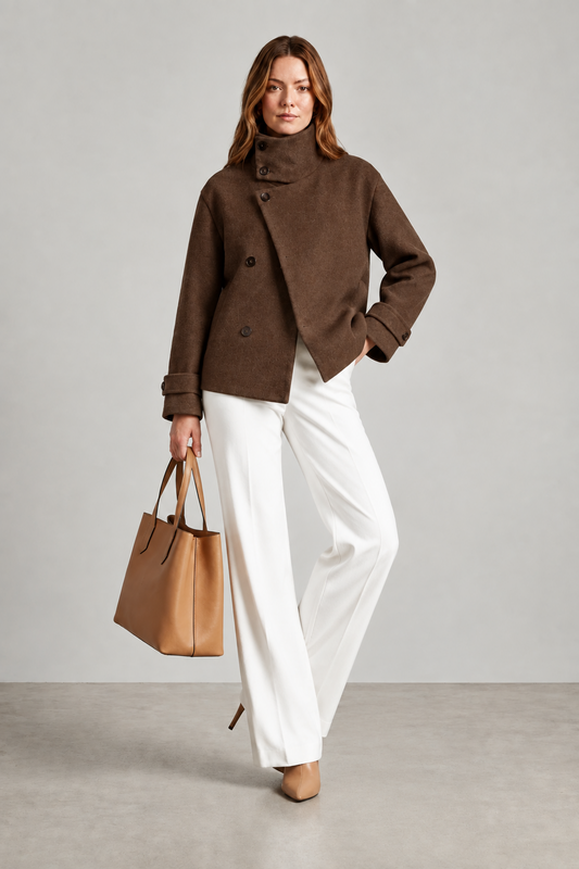 A woman stands in a studio wearing a brown asymmetrical double-breasted coat, white wide-leg trousers, tan heels, and holding a tan leather tote bag.