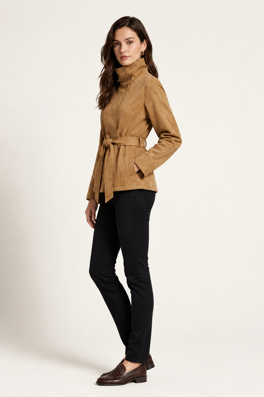 A woman modeling a tan suede belted jacket with a high mock neck, paired with black pants, against a plain off-white studio background.