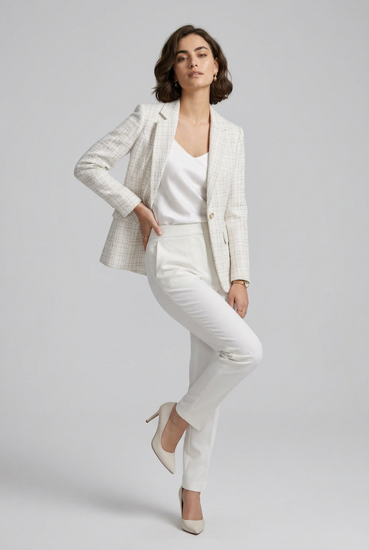 A woman modeling a light beige and white checkered blazer with white trousers, a white top, and beige heels, standing against a light gray studio background.
