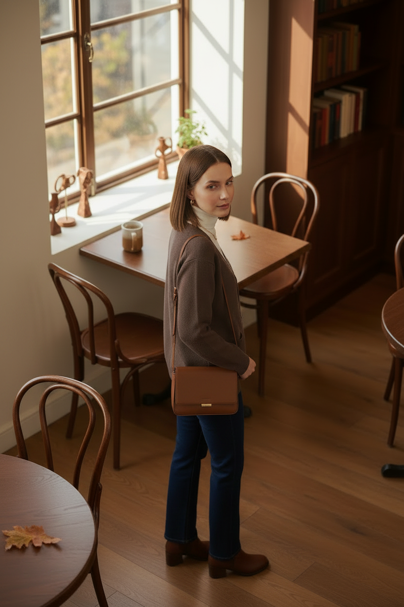 A woman stands in a warm, sunlit room with wooden floors and bookshelves, wearing a brown cardigan over a white turtleneck, dark blue jeans, and brown ankle boots.