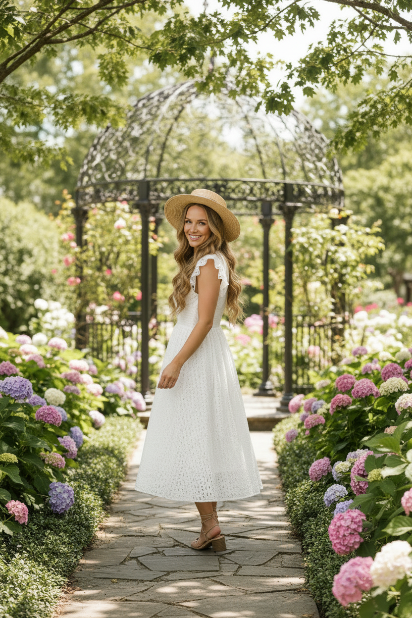 A woman wearing a white eyelet midi dress and a straw hat stands on a stone garden path surrounded by pink and white hydrangeas, with a black metal gazebo and lush green trees in the background.