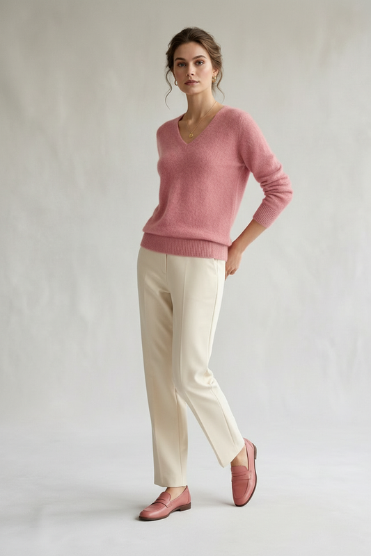 A woman modeling a soft pink V-neck knit sweater, cream-colored straight-leg trousers, and matching pink loafers against a light gray studio backdrop.