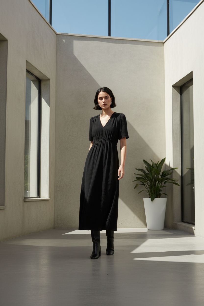 A woman stands in a modern concrete courtyard wearing a black midi dress with short sleeves, a V-neckline, and a gathered waist, paired with black boots.