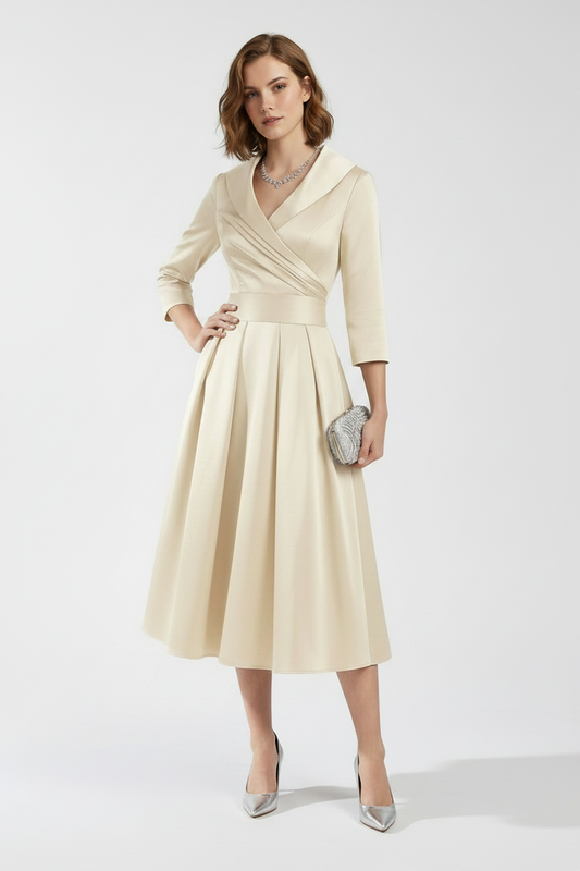 A woman models a cream-colored wrap-style midi dress with three-quarter sleeves, a defined waistband, and a flared skirt. She is accessorized with a silver necklace, a textured silver clutch, and silver pointed-toe heels, set against a plain light gray studio background.