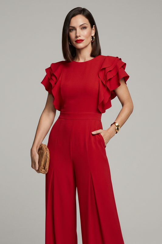 A woman modeling a bright red wide-leg jumpsuit with ruffled short sleeves, standing against a neutral light gray studio background.