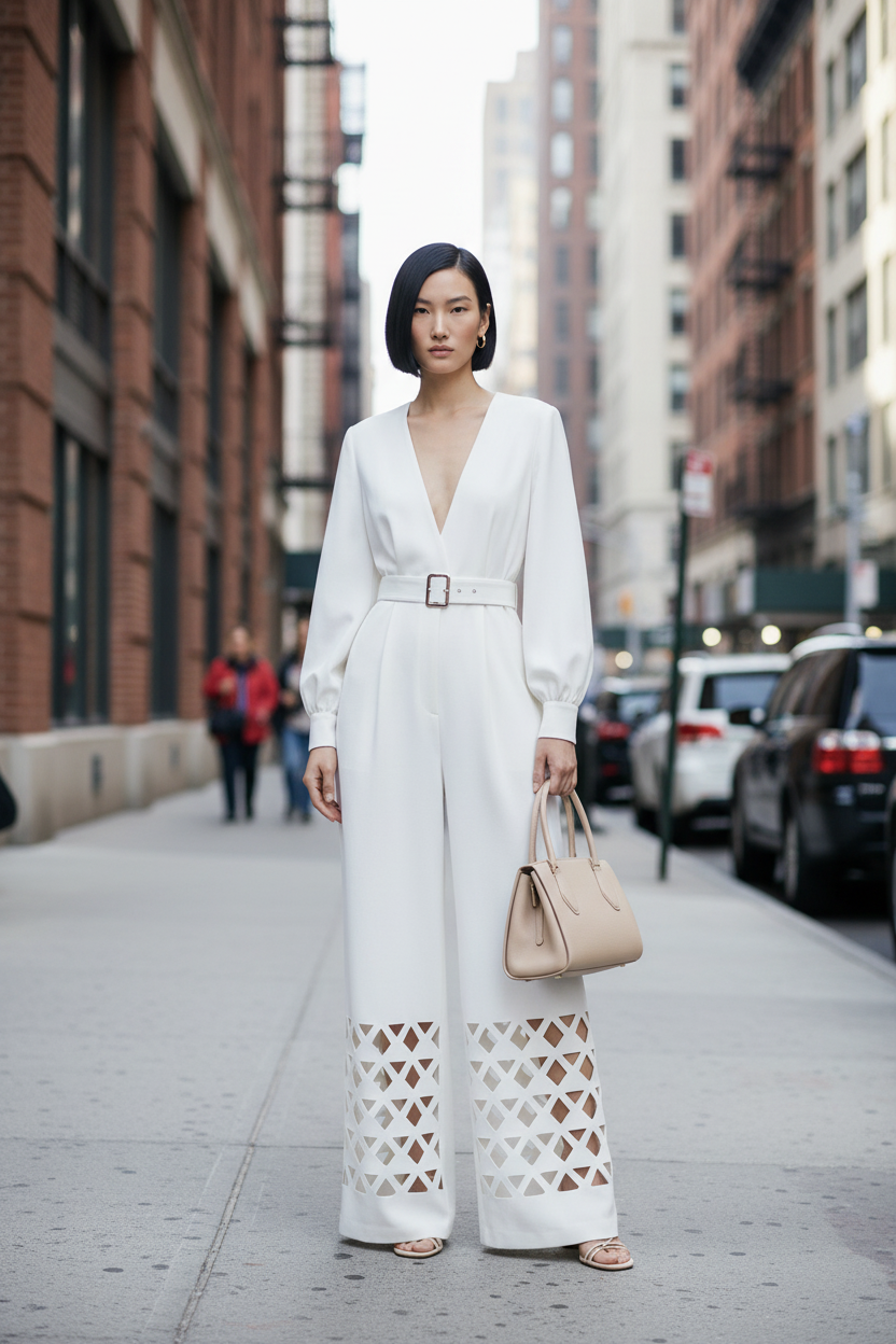 A model stands against a warm off-white studio background wearing a white long-sleeve wide-leg jumpsuit with a V-neck, matching belt, and geometric cutout detailing on the lower legs. She is holding a beige handbag.