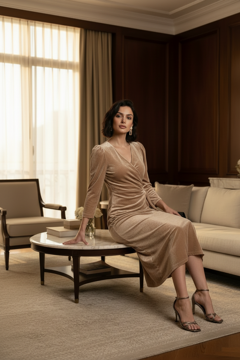 A woman stands in a luxurious room with dark wood paneling, wearing a beige velvet wrap midi dress with long puff sleeves and a side twist detail. She is holding a small black clutch and wearing strappy high-heeled sandals.