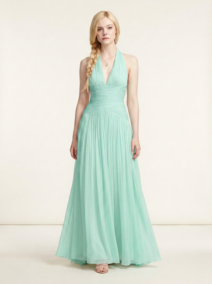 Halter Neck Pleated Maxi Dress with Spliced Folds and Cinched Waist in Green