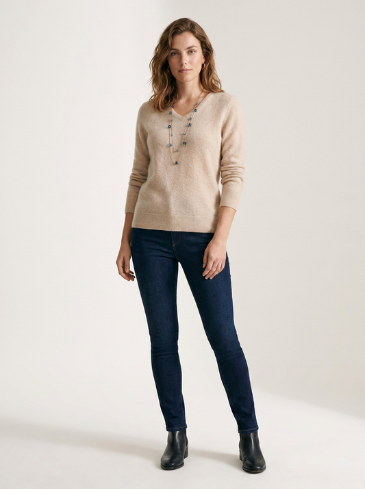 V-Neck Mink-Touch Knitted Pullover Sweater in Beige, front view