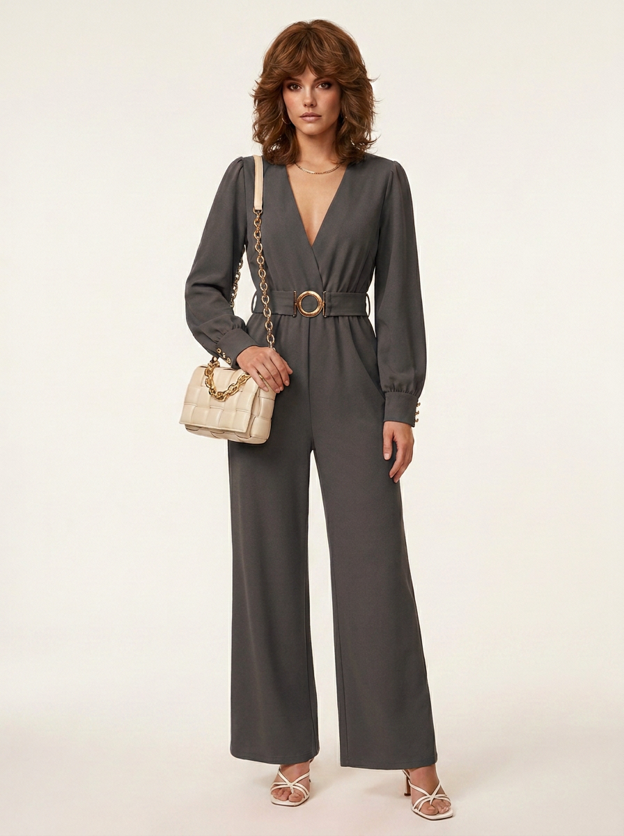 Elegant V-Neck Wide Leg Jumpsuit with Waist Belt in Black