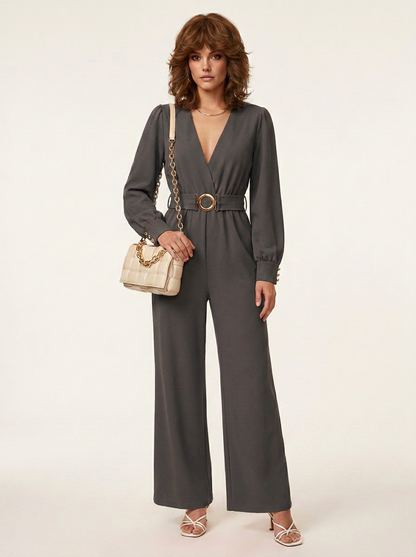 Elegant V-Neck Wide Leg Jumpsuit with Waist Belt in Black