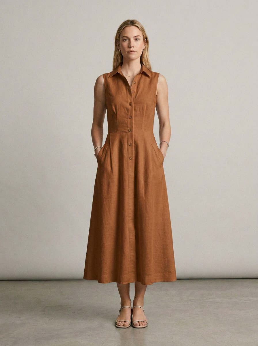 Sleeveless Stand Collar Button-Front Maxi Dress with Pockets in Dark Brown