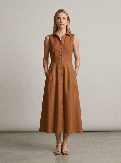 Sleeveless Stand Collar Button-Front Maxi Dress with Pockets in Dark Brown