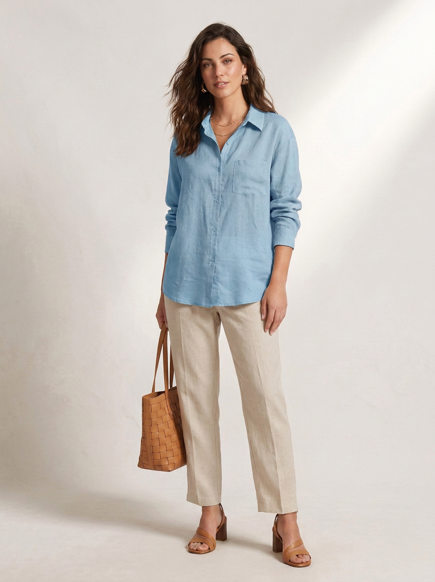 Oversized Linen Button-Down Shirt with Front Pocket in Sky Blue