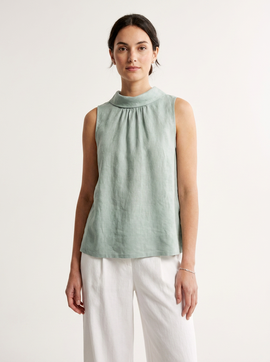 Vintage-Inspired 100% Linen Sleeveless Top with Stand Collar in Grey Blue