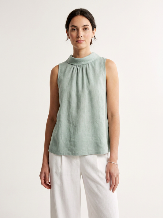 Vintage-Inspired 100% Linen Sleeveless Top with Stand Collar in Grey Blue