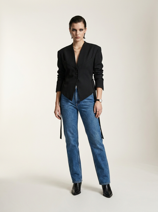 Asymmetrical V-Neck Blazer with Side Tie Detail in Black, front view (1 of 2)