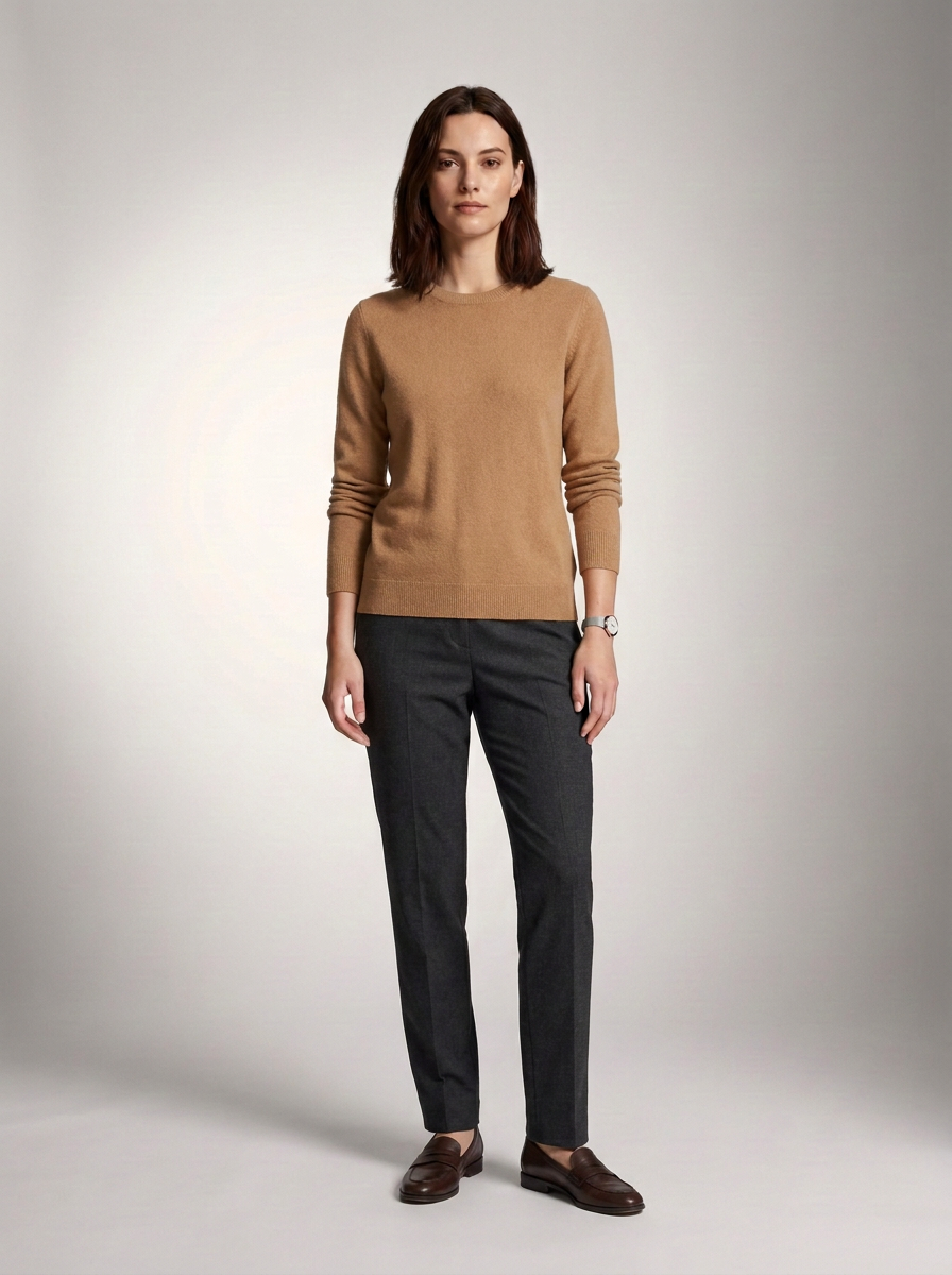 Cashmere Crew Neck Sweater Long Sleeve Knitted Pullover in Camel