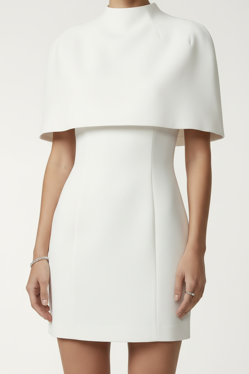 A model stands against a light gray studio background wearing a white high-neck mini dress with a structured cap-like shoulder drape and white pointed-toe heels.