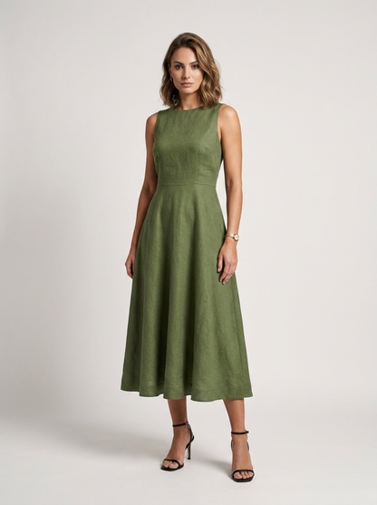 A-Line Midi Dress with High Neckline and Cinched Waist in Green, front view (1 of 2)