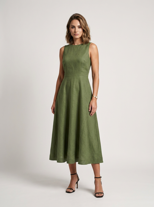 A-Line Midi Dress with High Neckline and Cinched Waist in Green, front view (1 of 2)
