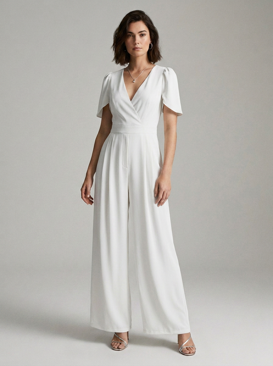 V-Neck Puff Sleeve Wide Leg Jumpsuit with Pockets in White