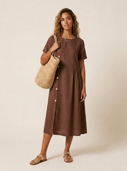 Asymmetric Button Midi Dress with Gathered Skirt and Short Sleeves in Brown