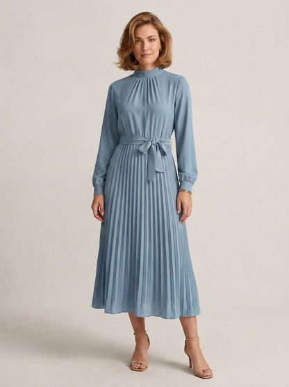 Long Sleeve Pleated Midi Dress with Tie Waist and High Neck in Blue