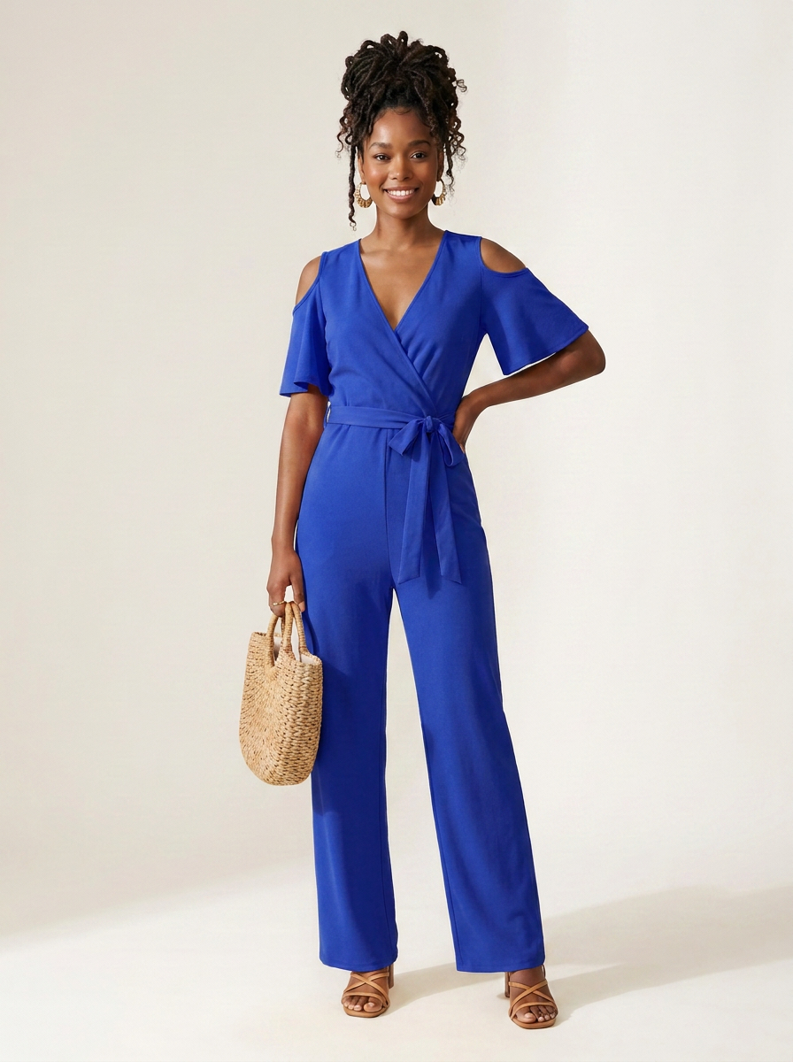 Off-Shoulder Wide Leg Jumpsuit with Wrap V-Neck and Belted Waist in Blue