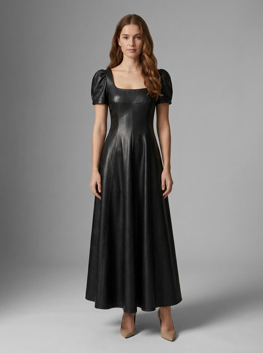 Satin Puff Sleeve Square Neck A-Line Maxi Dress in Black, front view (1 of 2)