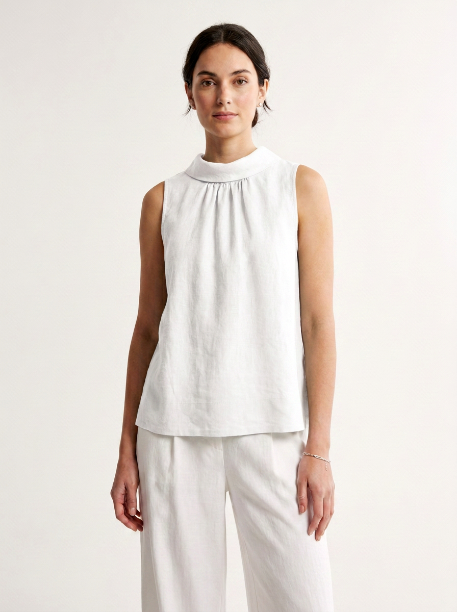 Vintage-Inspired 100% Linen Sleeveless Top with Stand Collar in Cream, front view