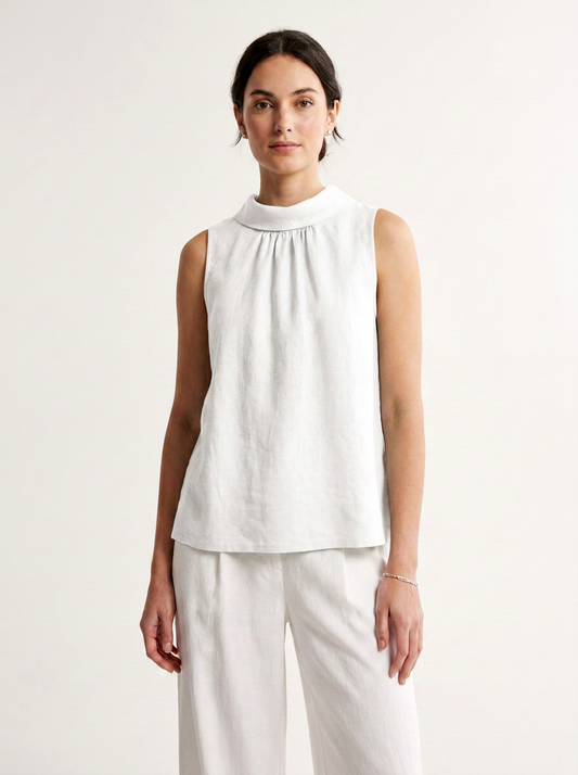 Vintage-Inspired 100% Linen Sleeveless Top with Stand Collar in Cream, front view