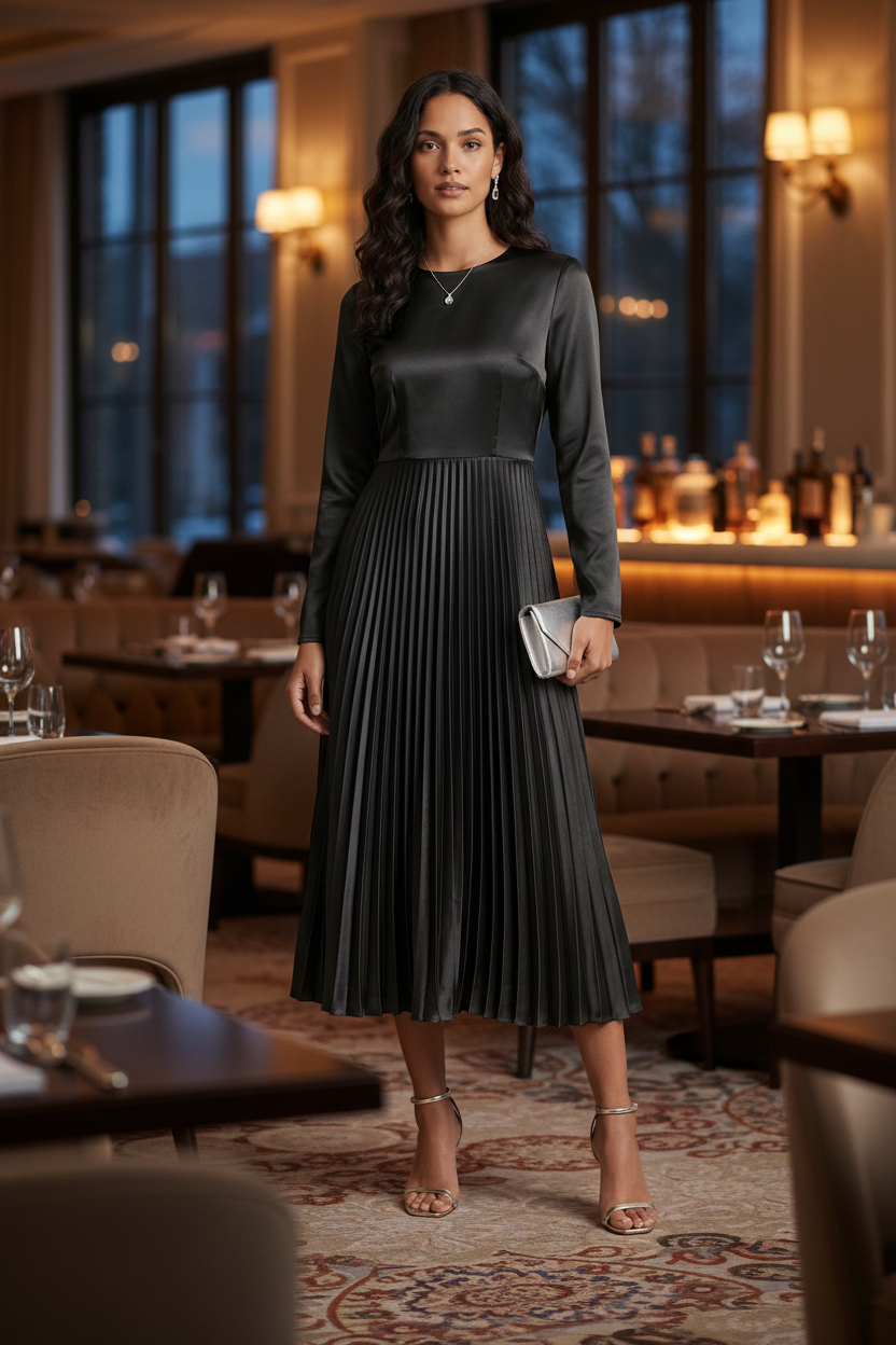 A woman models a black long-sleeve midi dress with a satin-like shiny bodice and a pleated skirt, holding a small silver clutch against a plain light background.
