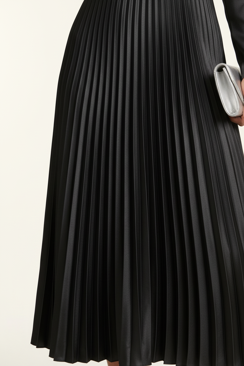 A woman models a black long-sleeve midi dress with a satin-like shiny bodice and a pleated skirt, holding a small silver clutch against a plain light background.