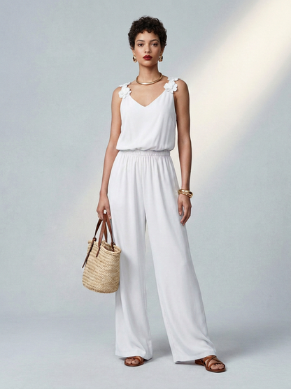 Wide Leg Camisole Jumpsuit with Floral Appliqué and Pockets in White