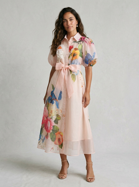 3D Floral Organza Maxi Dress with Lapel Collar and Puff Sleeves in Apricot, studio shot