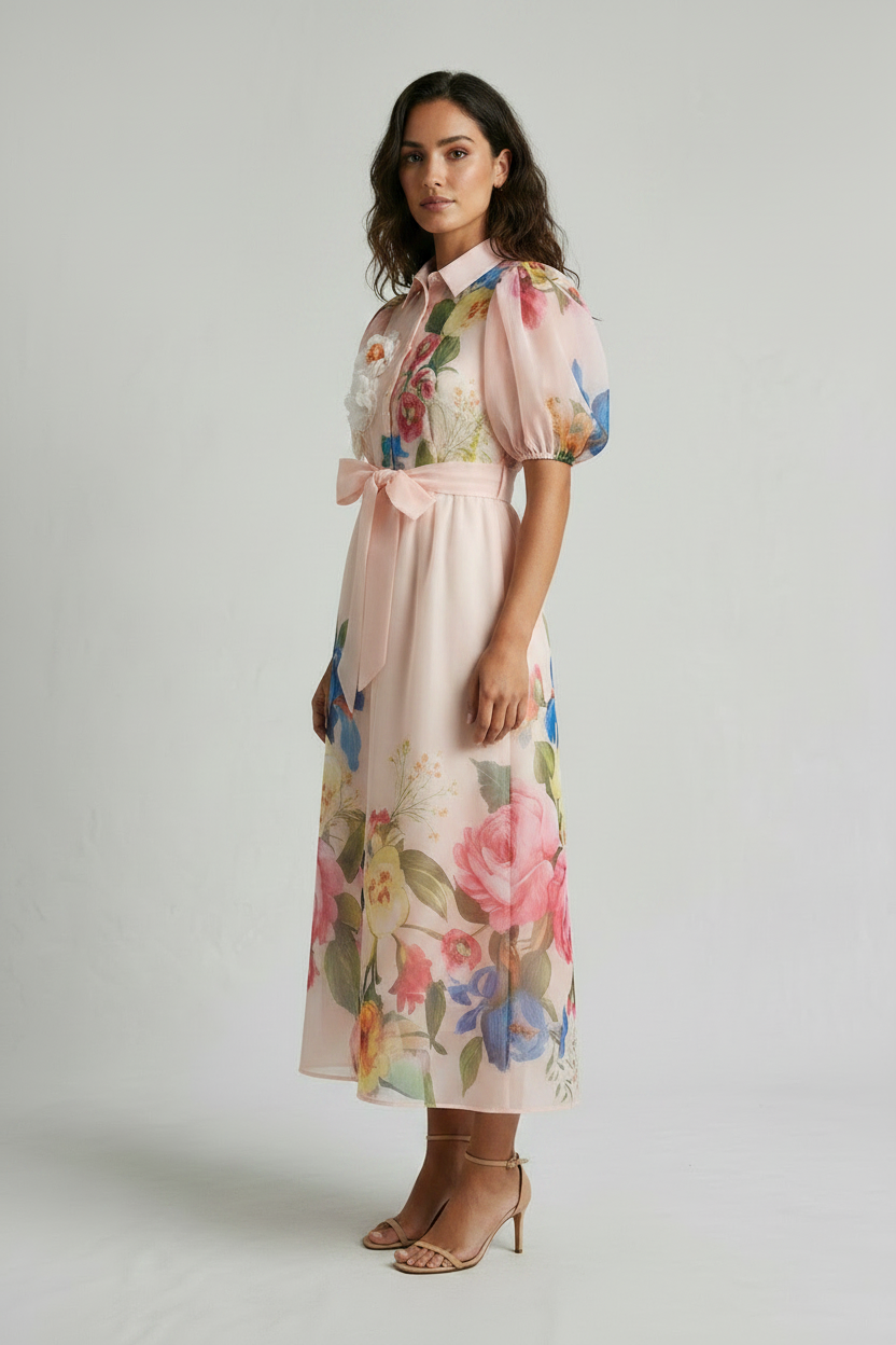 A woman modeling a light pink midi dress with a colorful floral print, featuring puff sleeves, a matching pink waist tie, and a white ruffle at the neckline. She is wearing beige strappy high-heeled sandals against a light gray studio background.