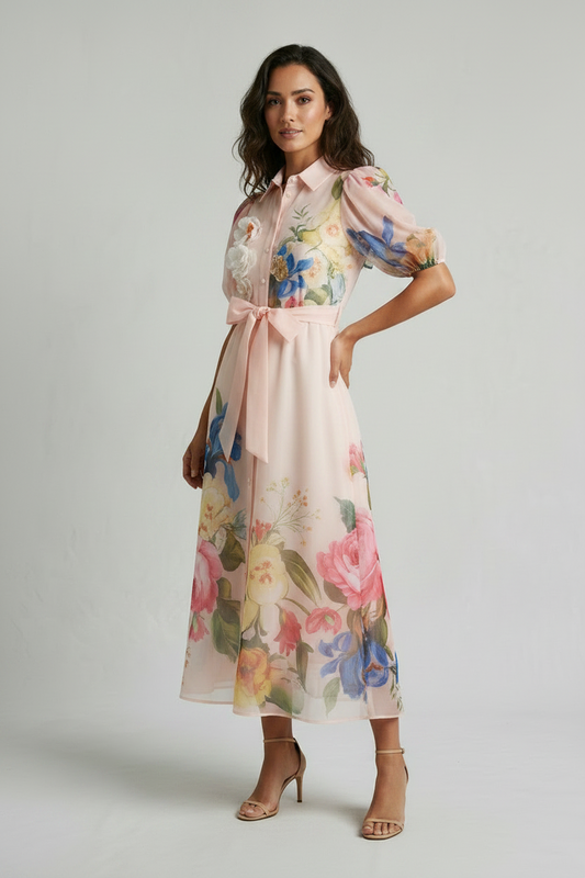 A woman modeling a light pink midi dress with a colorful floral print, featuring puff sleeves, a matching pink waist tie, and a white ruffle at the neckline. She is wearing beige strappy high-heeled sandals against a light gray studio background.