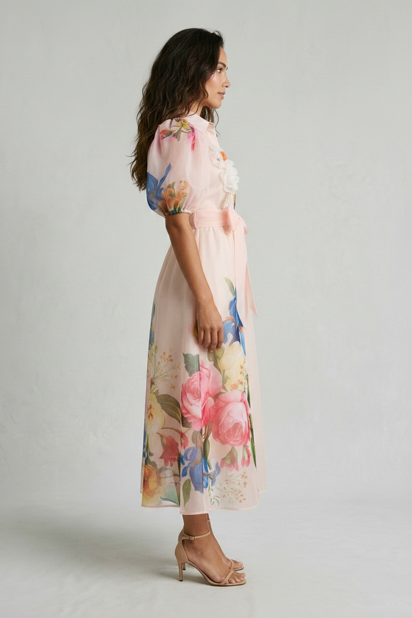 A woman modeling a light pink midi shirt dress with a colorful floral print, featuring short puff sleeves, a pointed collar, and a matching pink self-tie belt at the waist, set against a neutral studio background.