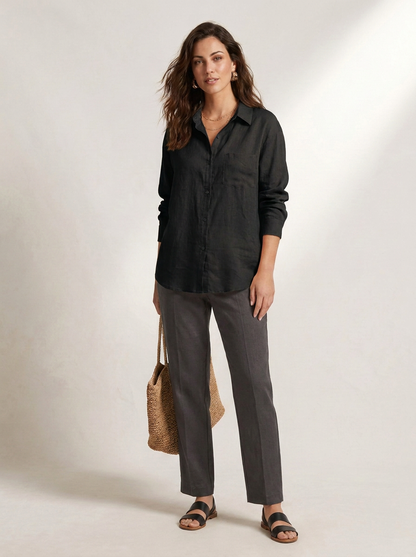 Oversized Linen Button-Down Shirt with Front Pocket in Black