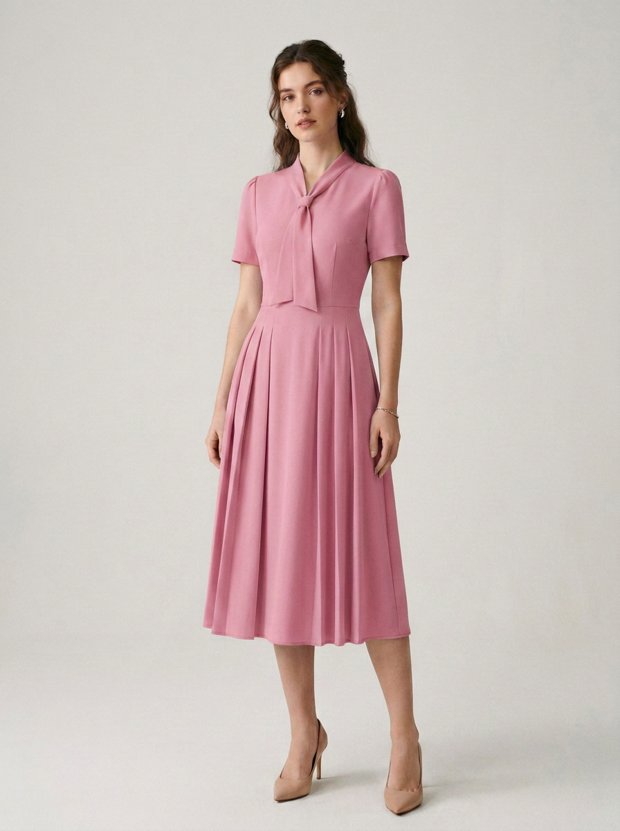 Pleated A-Line Midi Dress with Tie Neckline and Short Sleeves in Pink