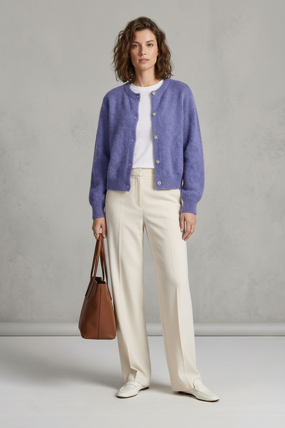 Soft Knit Button-Down Cardigan with Fuzzy Texture and Relaxed Fit in Purple