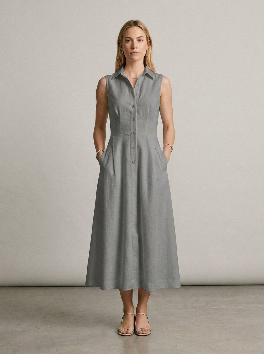 Sleeveless Stand Collar Button-Front Maxi Dress with Pockets in Grey