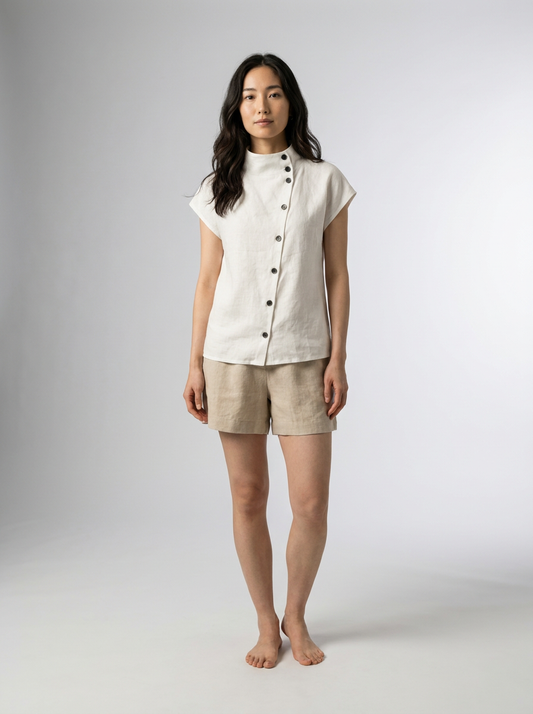 Relaxed Cotton Linen Stand Collar Blouse with Asymmetric Button Detail in White, front view