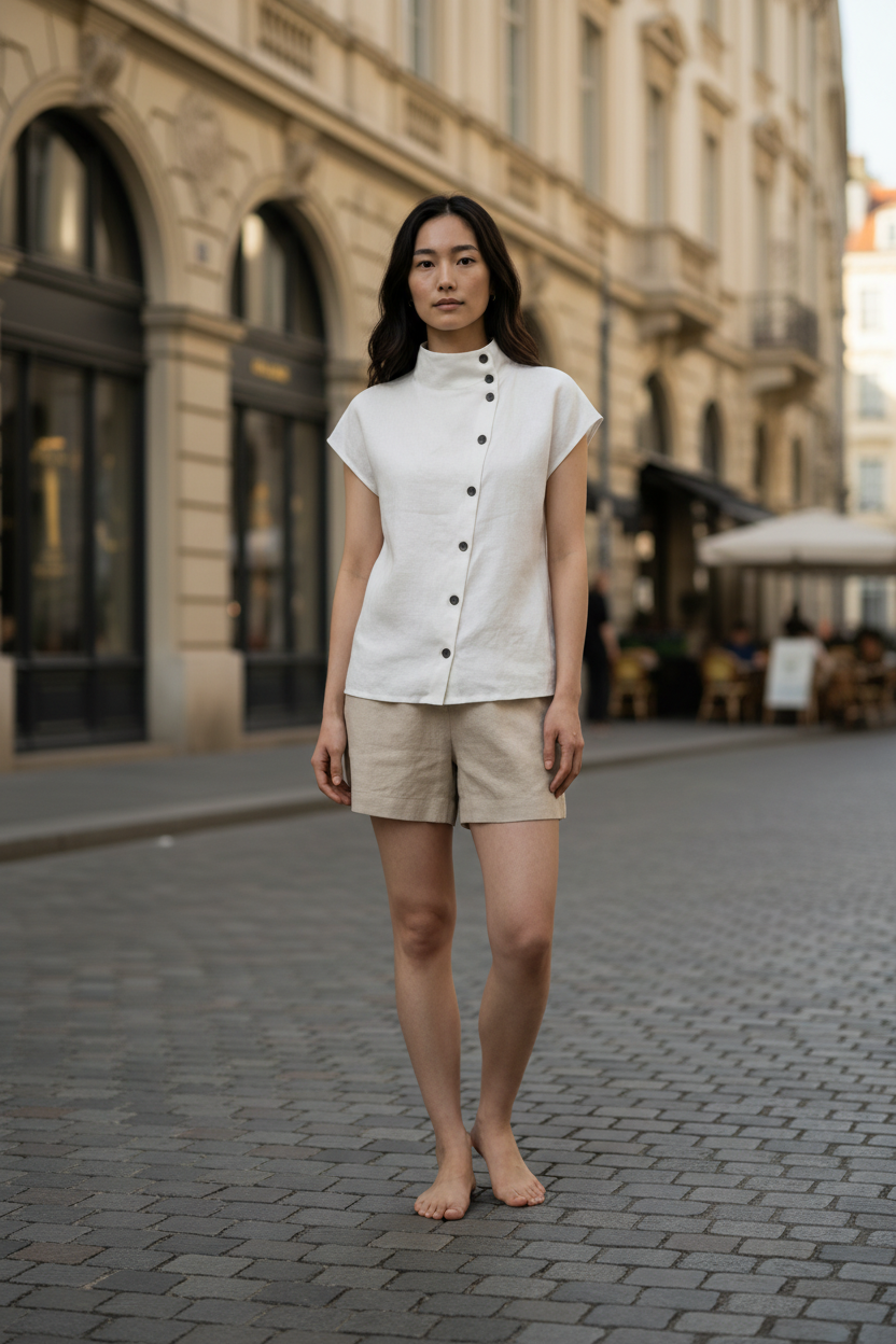Relaxed Cotton Linen Stand Collar Blouse with Asymmetric Button Detail (1 of 3)