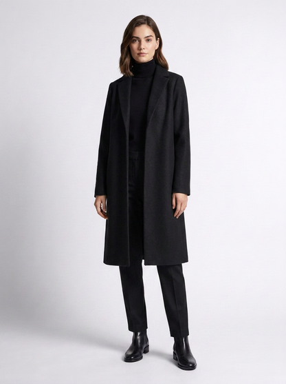 Longline Wool-Look Overcoat with Notched Lapels in Black