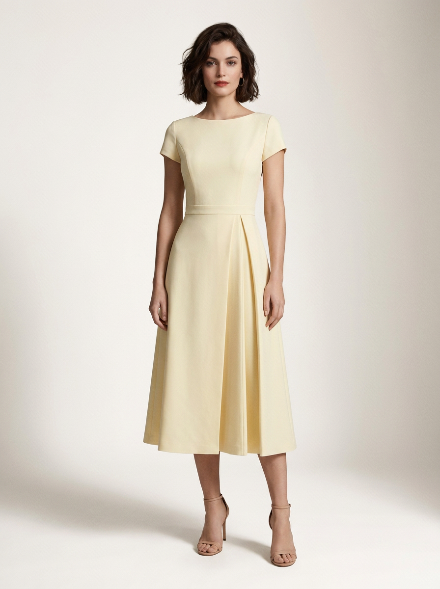 Short Sleeve High Waist Pleated Midi Dress for Formal Events in Apricot, front view