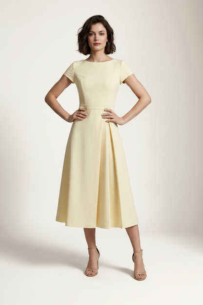 Short Sleeve High Waist Pleated Midi Dress for Formal Events