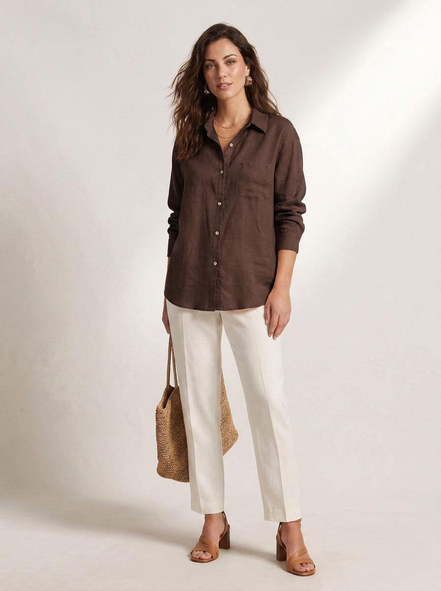 Oversized Linen Button-Down Shirt with Front Pocket in Brown